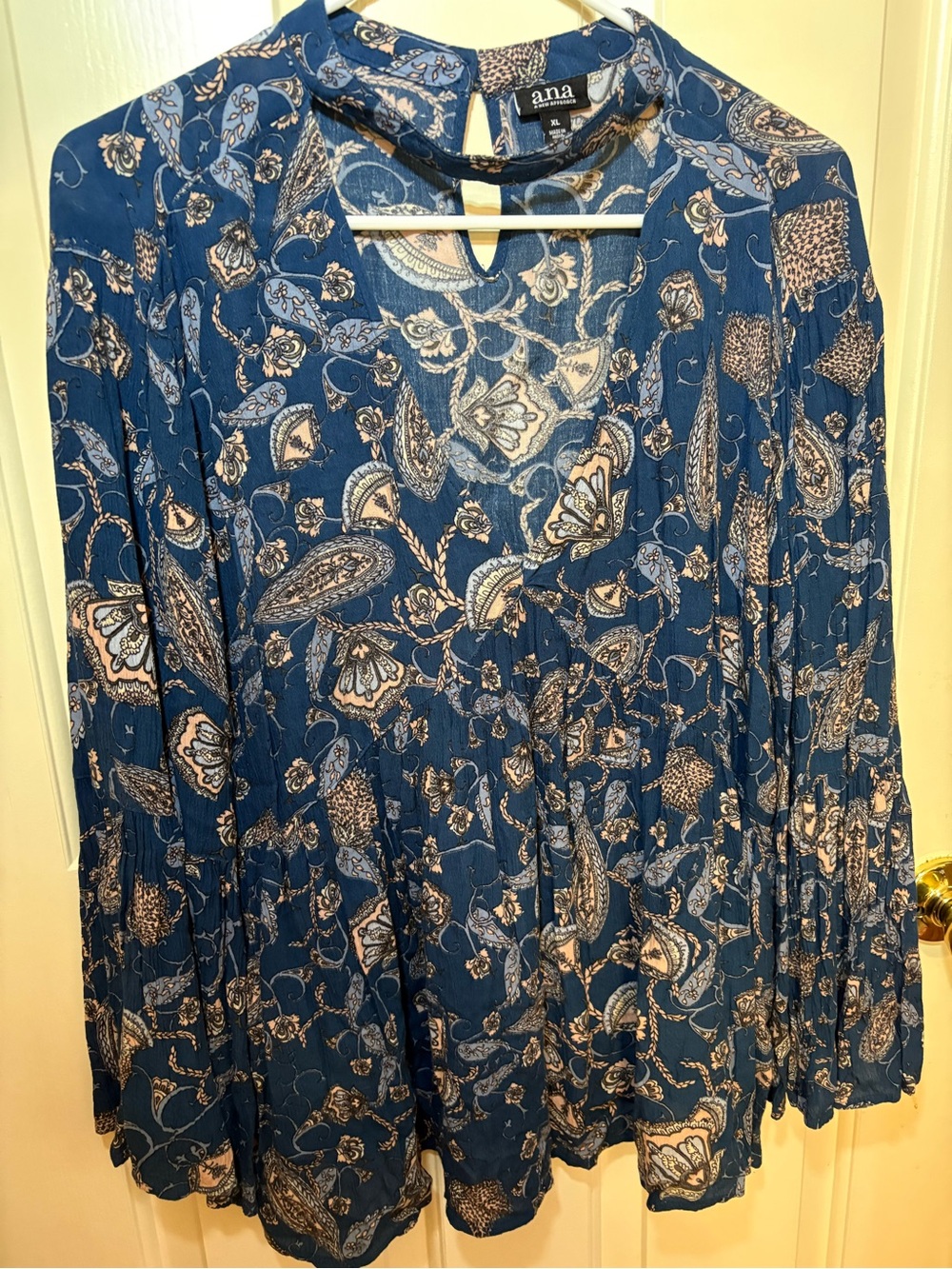 a.n.a Blue Paisley Long-Sleeve V-Neck Top Choker neckline Boho